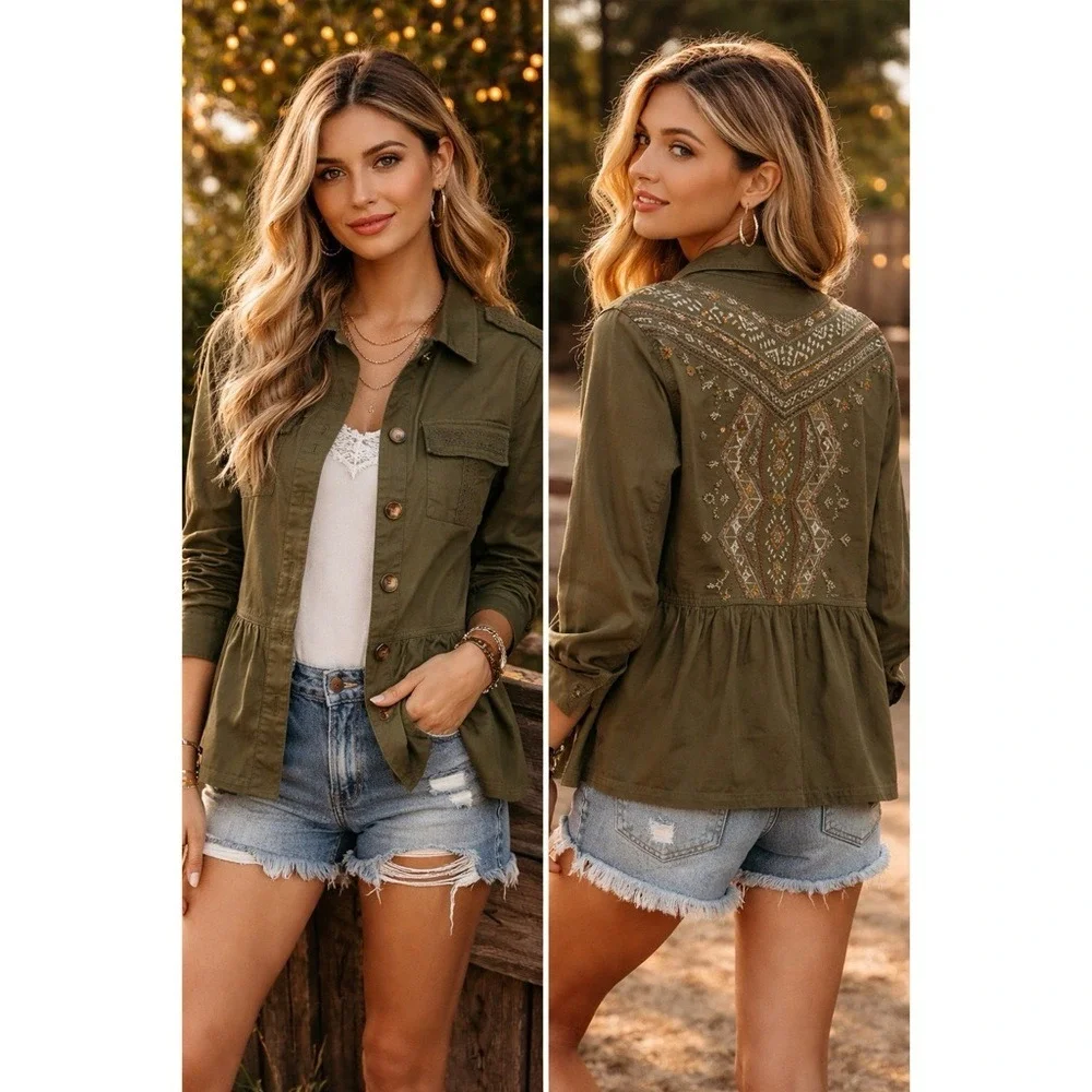 Kate‎ & Sam Olive Green Embroidered Peplum Utility Jacket Women Boho Lace Medium